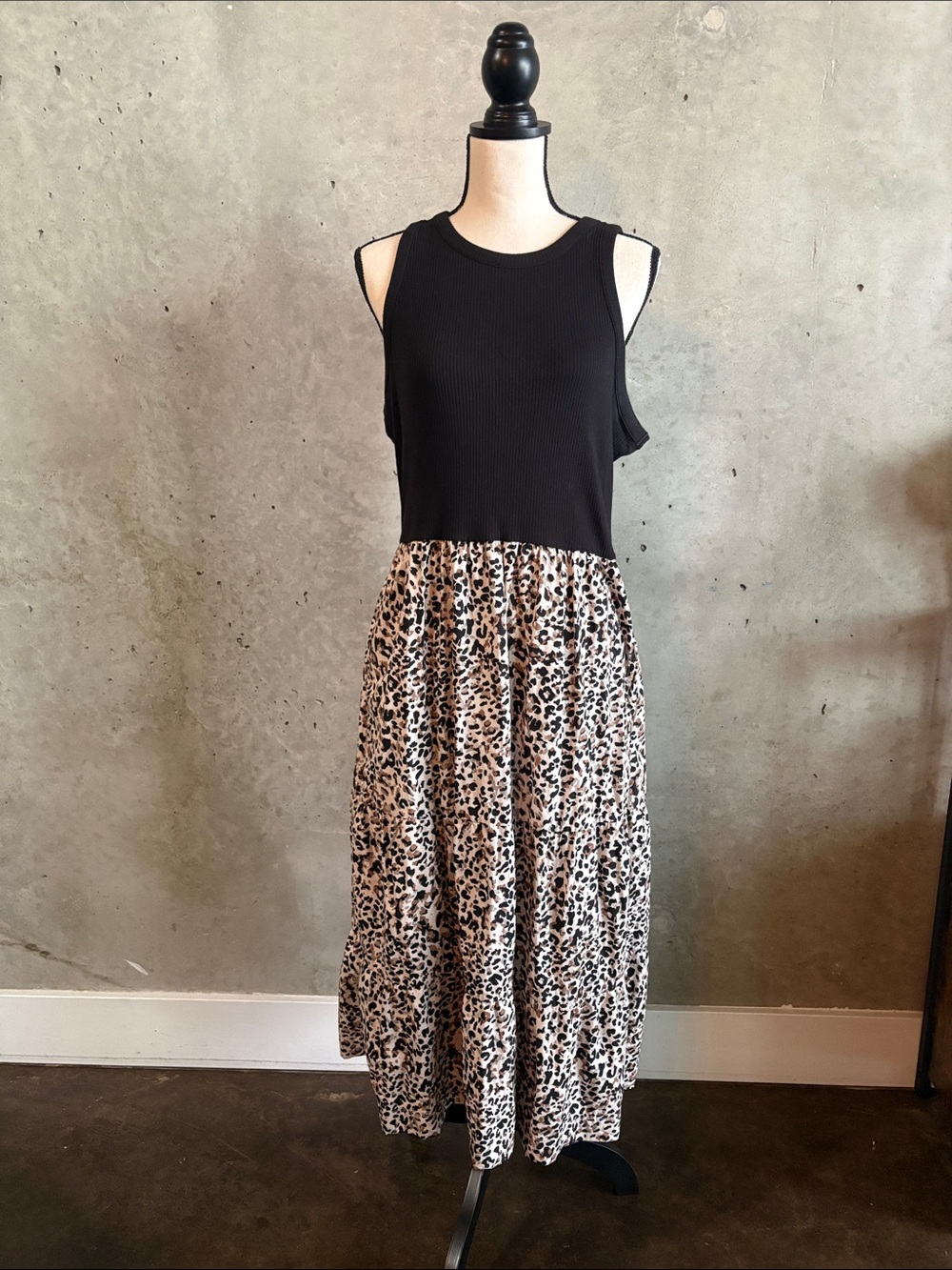 Black & Leopard Print Tiered Maxi Skirt Dress